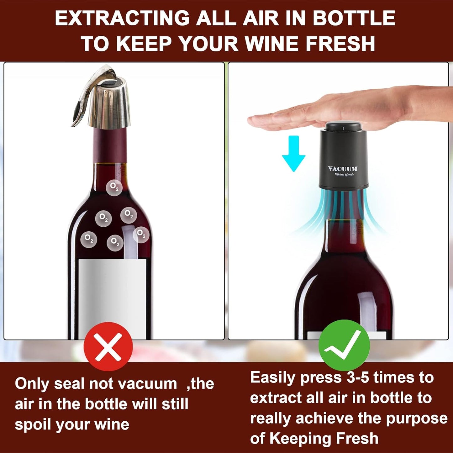 [2 PACK] Wine Bottle Stoppers,Real Vacuum Stoppers,Reusable Wine Preserver,Wine Corks Keep Fresh,Best Christmas and Birthday Gifts for Wine Lovers.