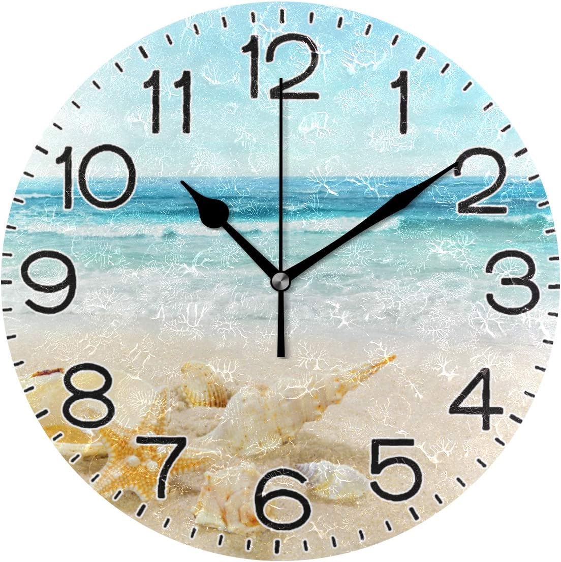 Shells On Beach Wall Clock Battery Operated Non Ticking Silent Quartz Analog Rustic Farmhouse Round Clock Retro Decor for Home Kitchen Living Room Bathroom