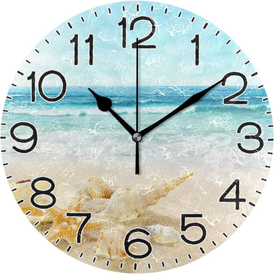 Shells On Beach Wall Clock Battery Operated Non Ticking Silent Quartz Analog Rustic Farmhouse Round Clock Retro Decor for Home Kitchen Living Room Bathroom