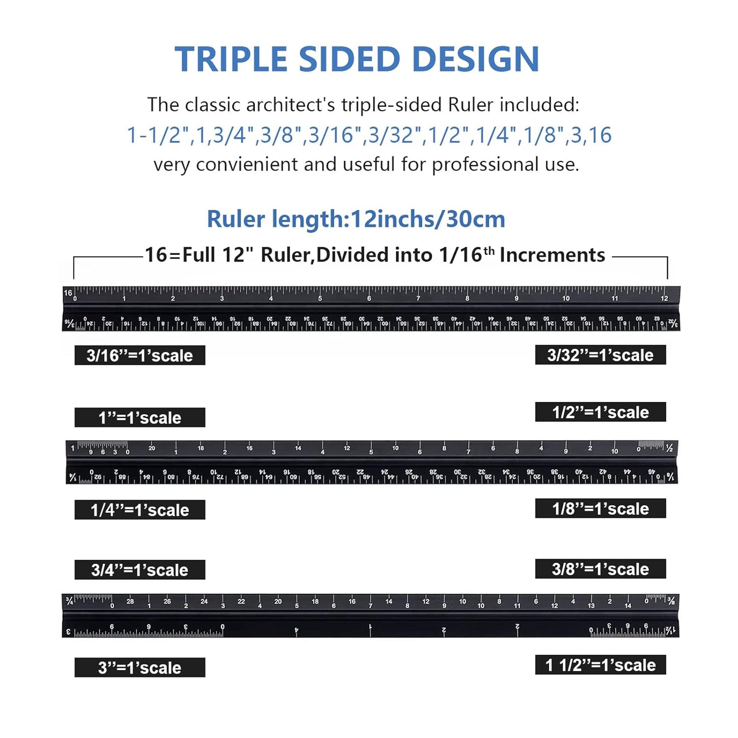 Architectural&Engineering Triangular Scale Ruler, 12 Inch Architectural Scale Ruler Set, Laser-Etched Aluminum with Stainless Steel Ruler for Architects, Students, Draftsman, Engineers (3 PCS)