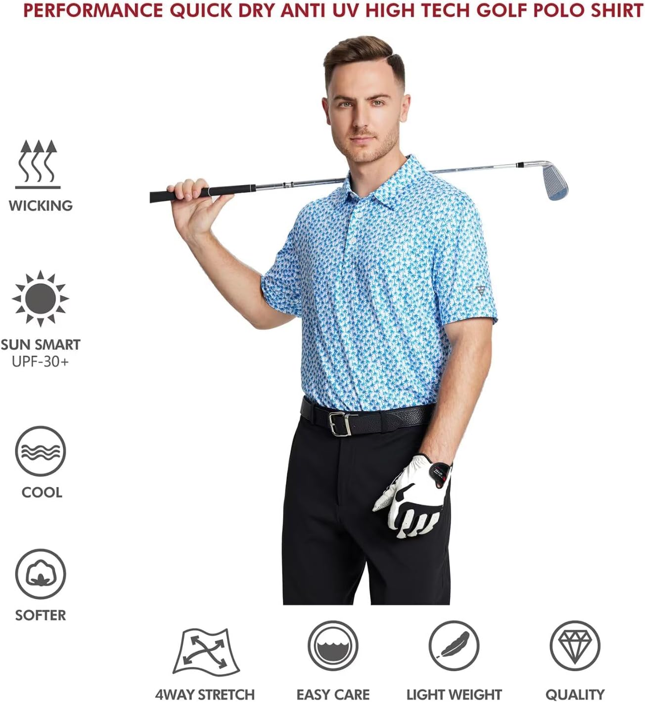 Golf Shirts for Men Dry Fit Short Sleeve Print Performance Moisture Wicking Polo Shirt