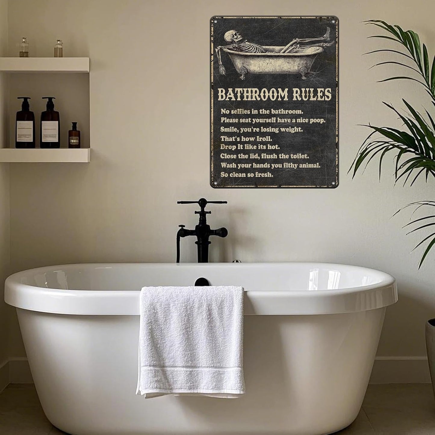 Funny Skull Bathroom Rules Metal Tin Sign Wall Decor - Vintage Bathroom Quote Tin Sign for Toilet Restroom Washroom Home Decor 12x16 Inch