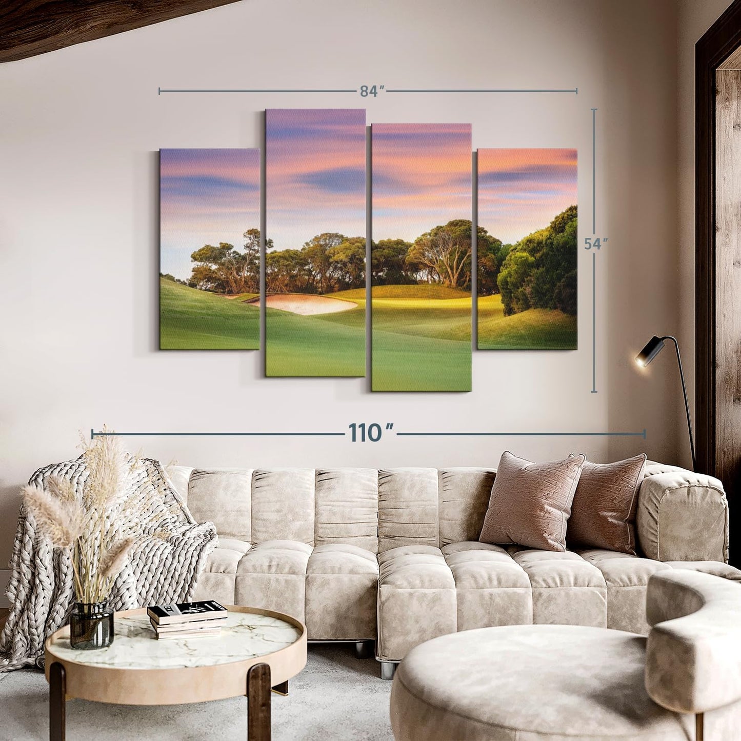 ElephantStock Golf Course Sundown Wall Art - Horizontal Canvas - 4-Piece Living Room Wall Decor - Photography Sports Canvas Print - Orange and Blue Decor for Wall - 84" X 54"