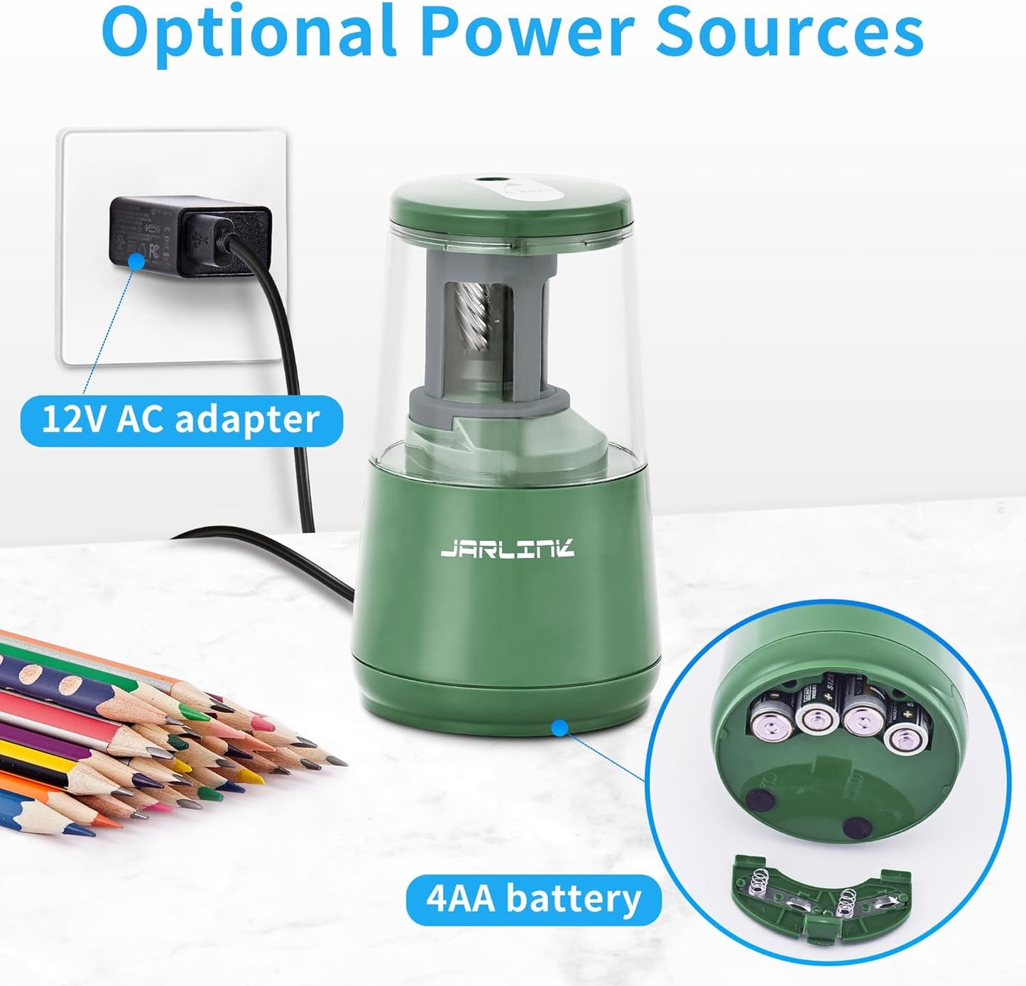 JARLINK Electric Pencil Sharpener, Heavy-Duty Helical Blade to Fast Sharpen, Auto Stop for No.2/Colored Pencils(6-8mm), AC Adapter/Battery Operated in School Classroom/Office/Home (Green)