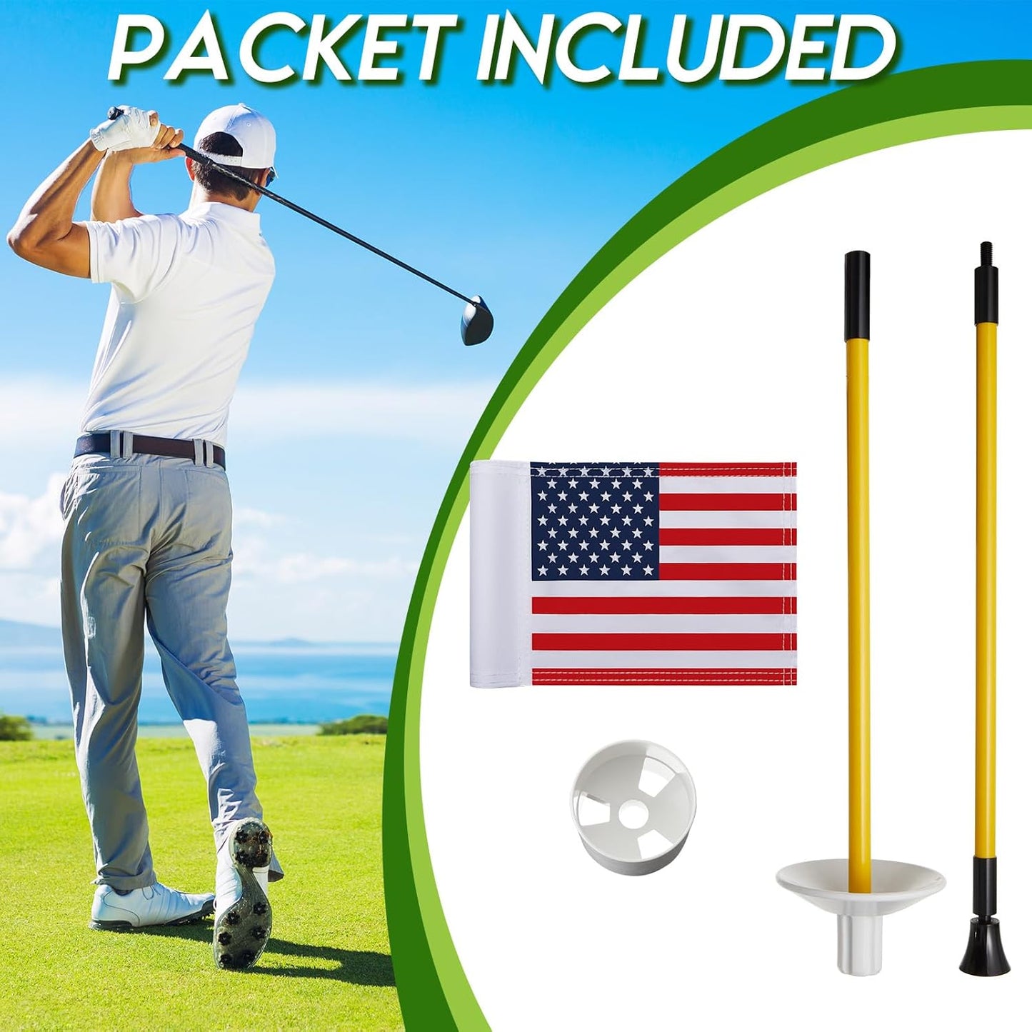 Meooeck 1 Pack Golf Flagstick 3ft Putting Green Pin Flag and Hole Cup Set for Yard Portable 2 Section Fiberglass Mini Golf Set for Driving Range Backyard, Double-side American Flag