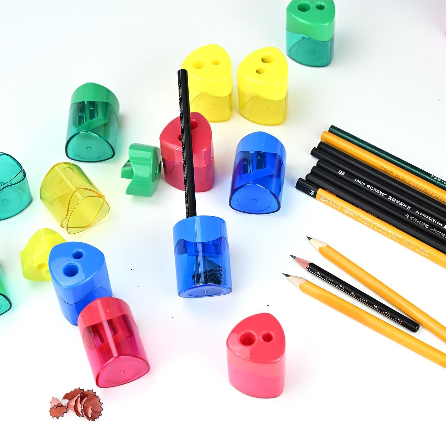 AUSTARK 24Pcs Pencil Sharpener Manual, Assorted Color Small Dual Hole Pencil Sharpeners Bulk with Lid for School Office Home (Triangle-24)