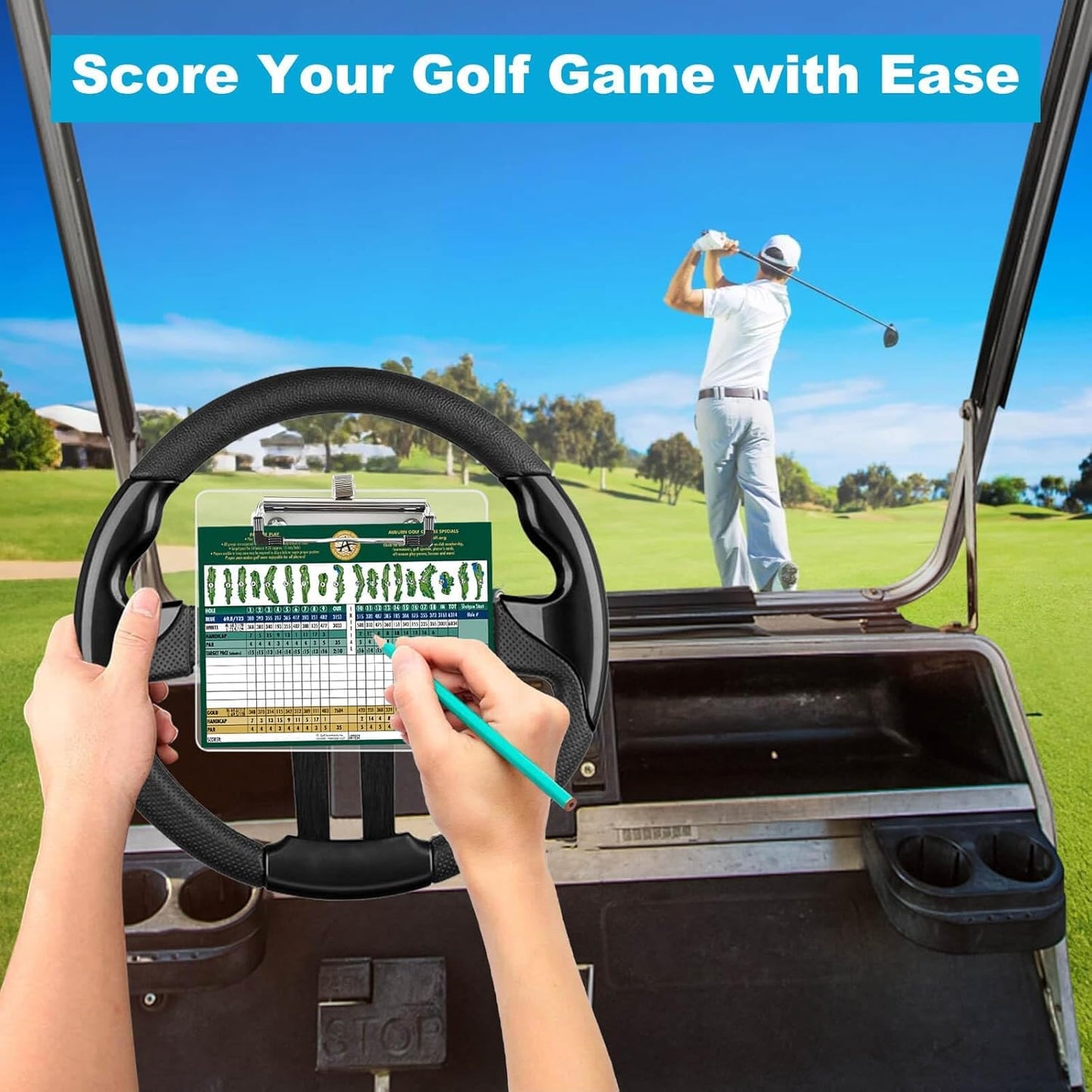 MOSNAI Golf Cart Steering Wheel Scorecard Holder with Pencil Holder & Clip Fit for Club Car DS & Precedent EZGO TXT & RXV Yamaha Golf Carts