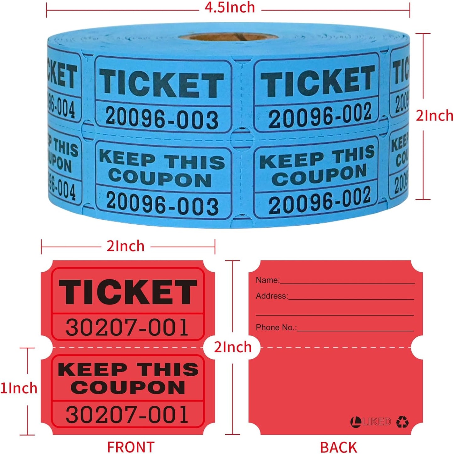 L LIKED 2000 Raffle Tickets Double Rolls 50/50 Stub Tickets with Consecutive Numbers 1000 Pairs per Roll,2 Rolls-Blue,Red