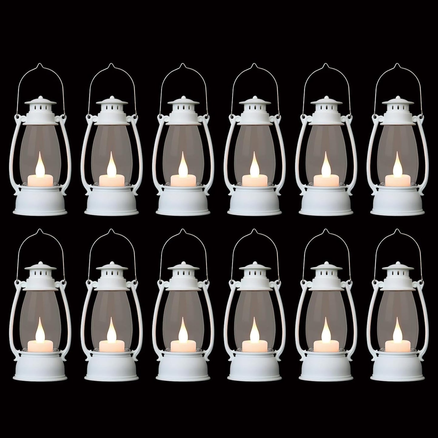 12Pcs Mini White Lanterns for Western Halloween Christmas – 6Inch Candle Lanterns with Flickering LED, Wedding Centerpiece Table Decorations, Camping Decor & Hanging Ornaments for Rustic Party