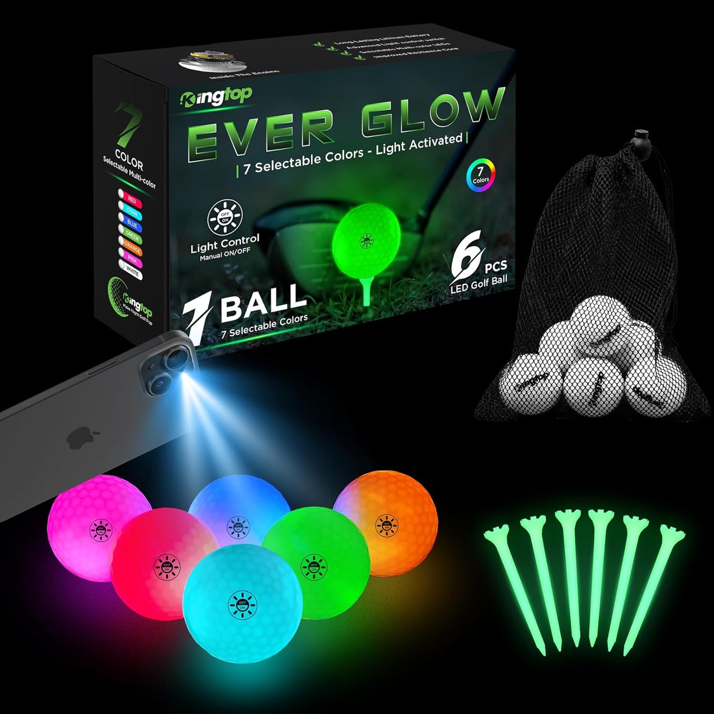 KINGTOP Upgraded Glow in The Dark Golf Balls - Super Bright Light Up LED Golf Ball - with Glow Golf Tees and Storage Bag - Fun Night Golfing Gift for Men and Women | Backyard Putting Greens
