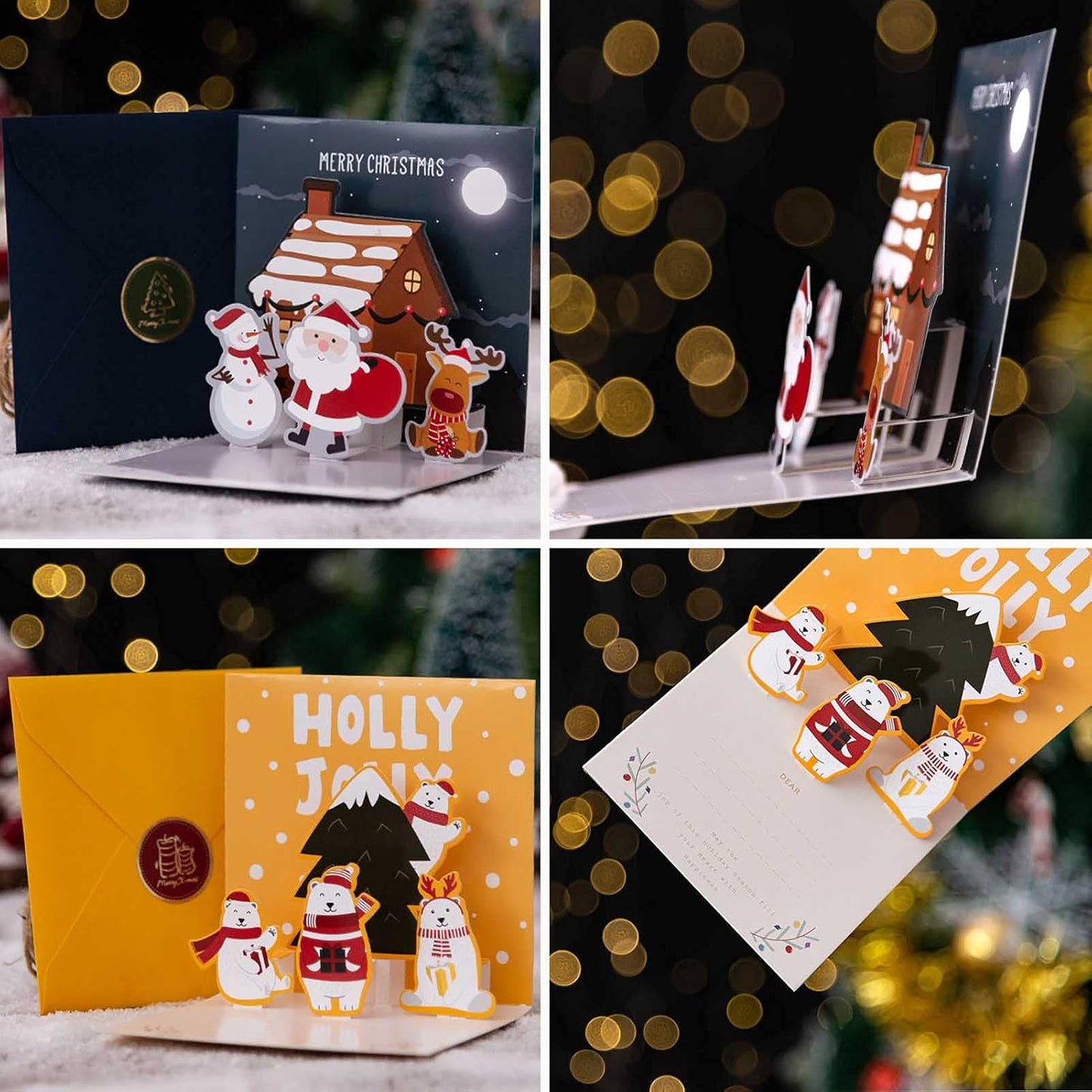 3D Christmas Greeting Cards, 9PCS, Pop Up Handmade Cards with Envelope Set of 9, For Xmas New Year Winter Holiday- Feature Xmas Tree, Snowman, Reindeer, Santa and Bell