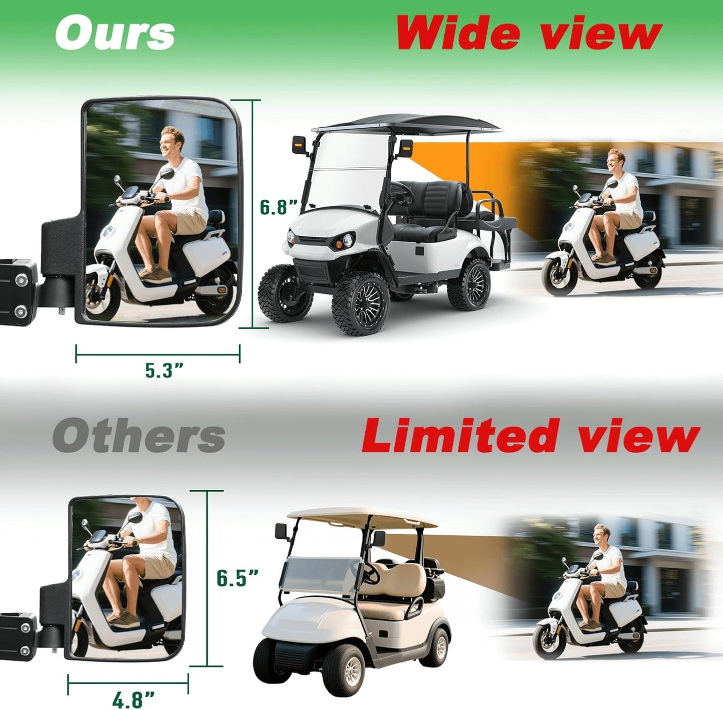 No Drilling Golf Cart Side Mirrors with Built-In Reflector, Universal HD Folding Side View Mirrors Fit EZGO, Club Car, Yamaha Golf Carts, for 0.75"/1"/1.25" Square Strut, Shatterproof Anti-Fog Glass