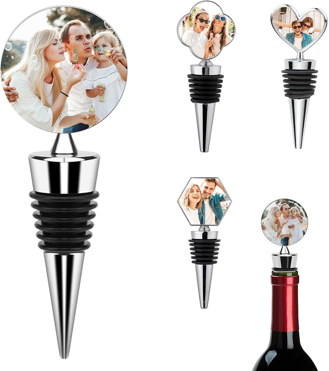 Personalized Wine Stopper Custom Wine Bottle Stopper with Your Photo Metal Wine Food Grade Silicone Stopper for Family, Wedding, Holiday Party