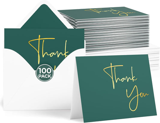 VNS Creations Gold Foil Thank You Cards With Envelopes Bulk Set & Stickers - 100 Pack 4x6 Blank Thank You Notes Set - Large Note Card Small Business, Wedding, Baby Shower & Bridal Shower - Post Green