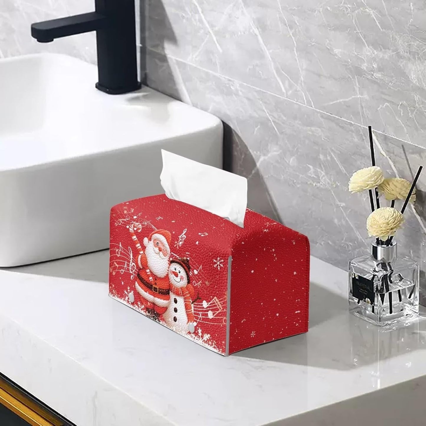 Red Tissue Box Cover Christmas Santa & Snowman Tissue Cover Xmas Home Decor Waterproof Leather Facial Paper Box Holder for Desk Bathroom Vanity Countertop