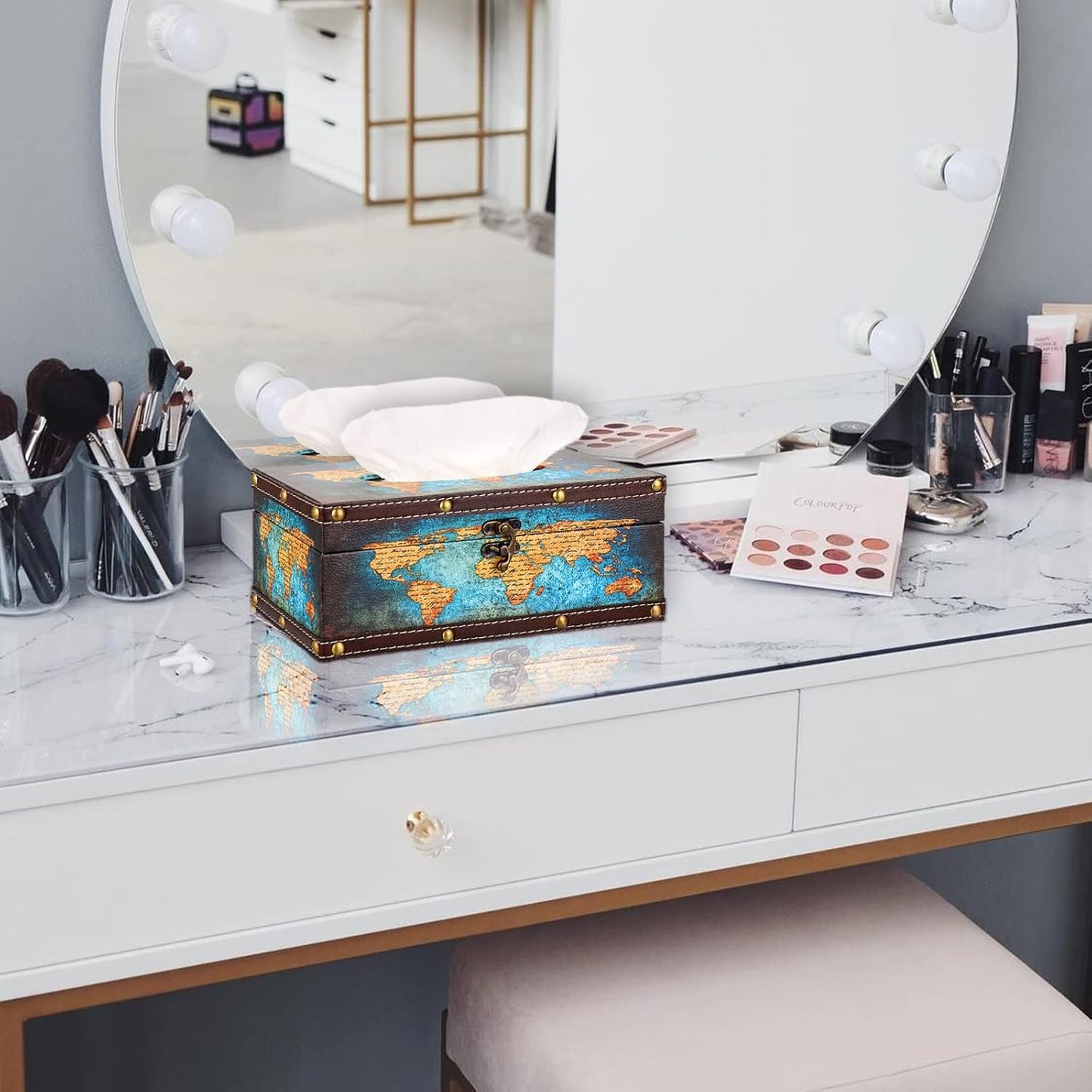 Sumnacon Tissue Box Cover Rectangle Wooden Tissue Box with Lid, Vintage Tissue Box Holder with Retro Pattern, Rustic Tissue Cover for Bathroom Toilet Living Room Table Desk Office Decor,Green Map