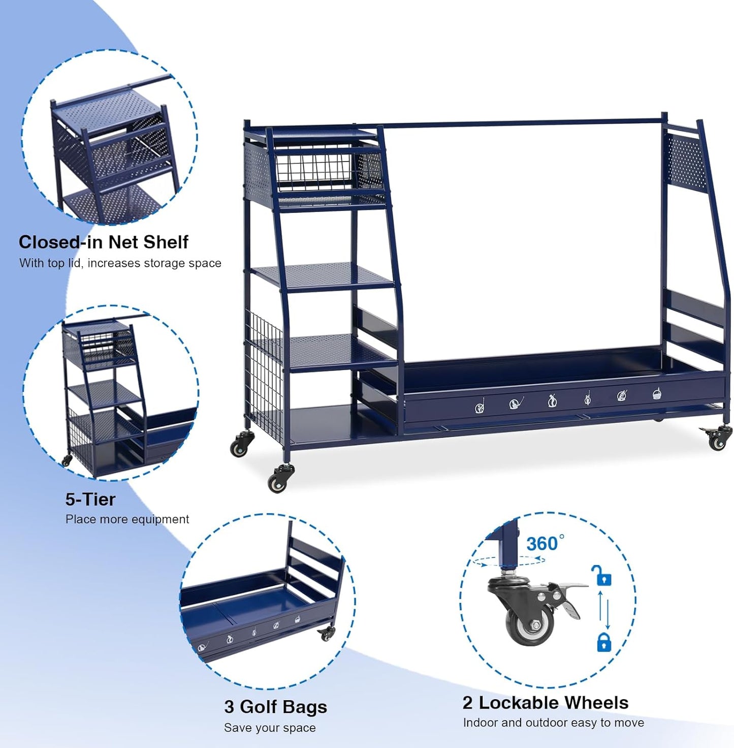 Lauren&Harold Golf Bag Organizer Garage Storage, Golf Storage Rack Stand Fits 2 Golf Bags, Golf Clubs and Other Golfing Equipment Accessories, Golf Organizer for Garage, Club, Shed, Basement
