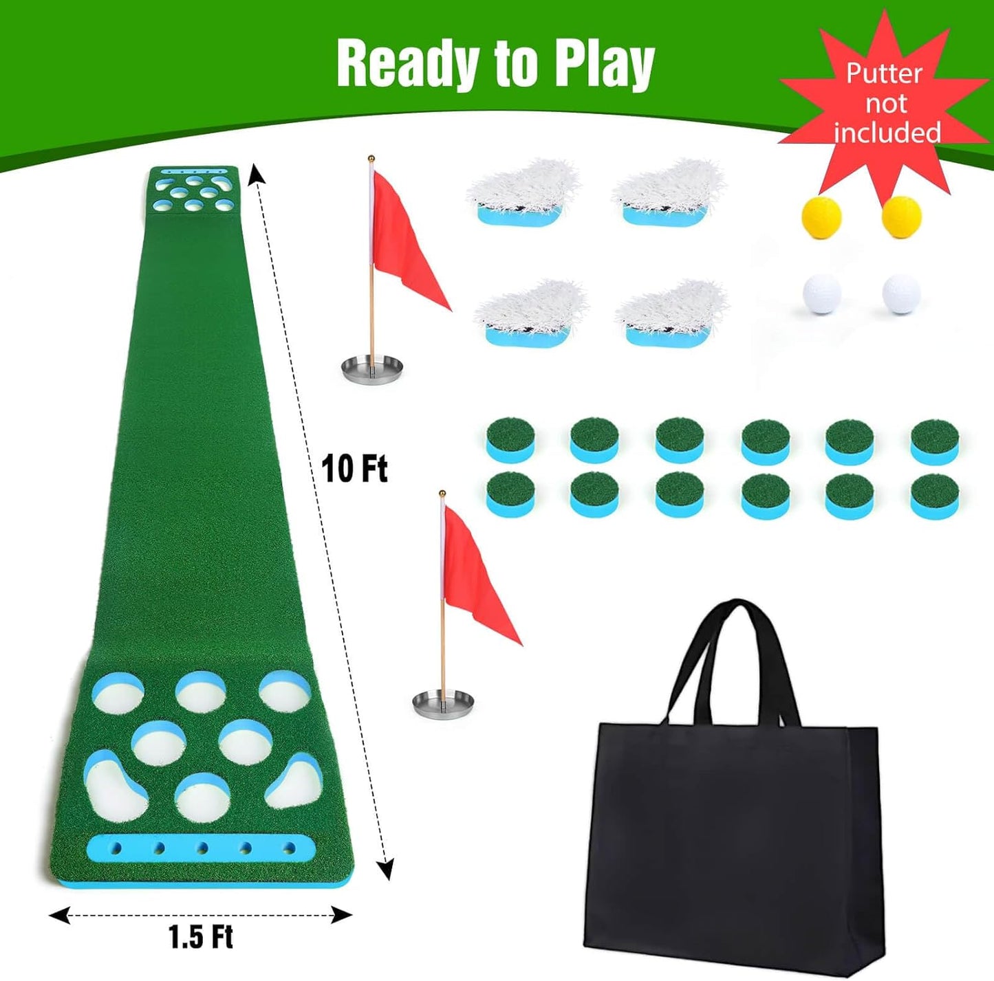 Golf Putting Game Set, Detachable Golf Putting Green Mat with 4 Balls, 2 Cups & Flags, 1 Portable Bag for Indoor & Outdoor Party Game Use