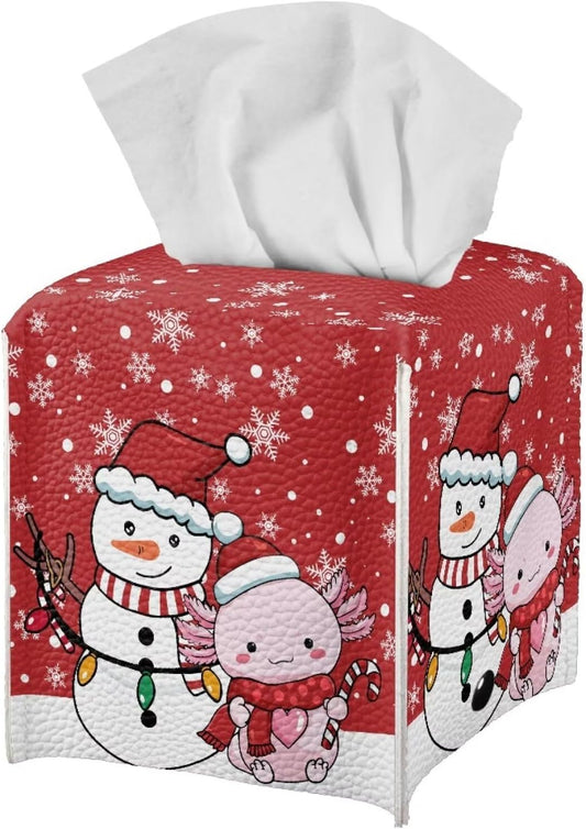 Red Christmas Tissue Box Cover PU Leather Tissue Box Holder with Snowman & Axolotl Pattern 5x5x5 inch Waterproof Protective Cover for Home Car Office Hotel Decor