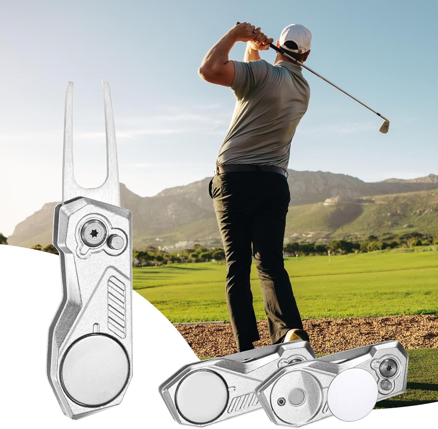 Golf Divot Repair Tool- Switch Foldable Divot Tool with Magnetic Ball Marker & Open Button Use for Golf Accessories