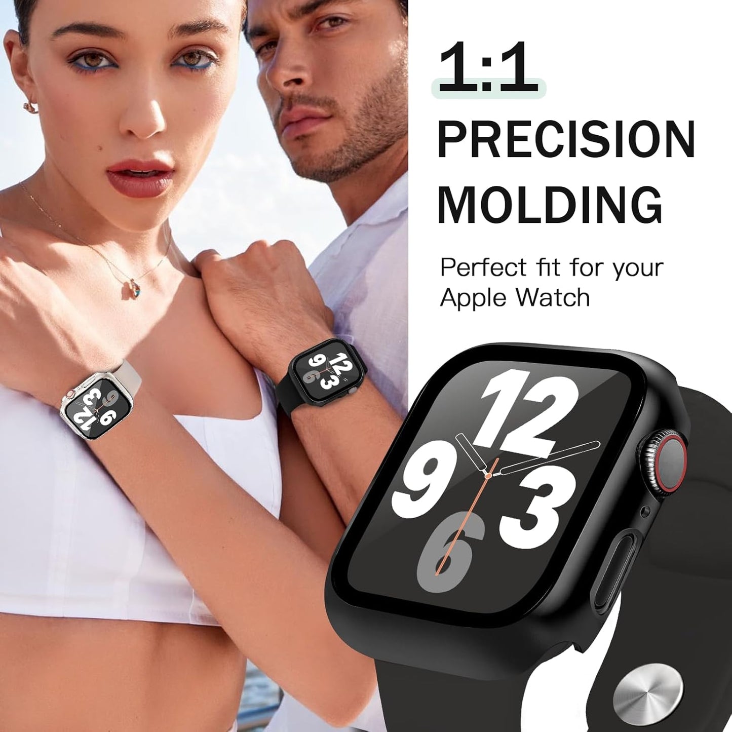JR.DM 41mm 2 Pack Hard PC Case with HD Tempered Glass Screen Protector for Apple Watch Series 9/8/7, Slim Guard Bumper Full Coverage Protective Anti-Scratch Face Cover for iWatch, Black+Clear