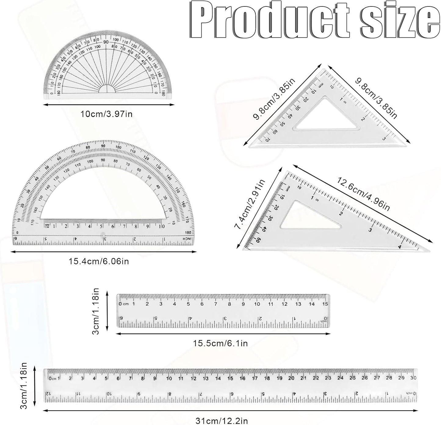 Plastic Clear Ruler Math Set, 2 Protractors 180 Degree 2 Triangle Rulers 45 | 60 Degree 2 Straight Rulers 5.9" | 11.8" Long, Drafting Ruler Geometry Ruler Measuring Tool for School Office Home Supplie