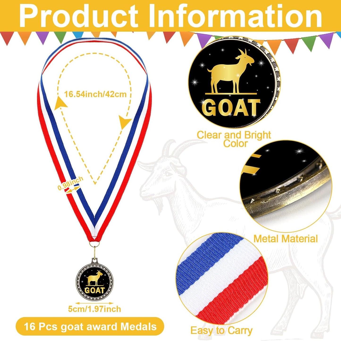 16 Pcs Goat Medal 2'' Greatest of All Time Champ Goat Trophy with Neck Ribbon Award Medals Pendant Funny Recognition Football MVP Necklace Fantasy Sports Award for Tournament League Champion