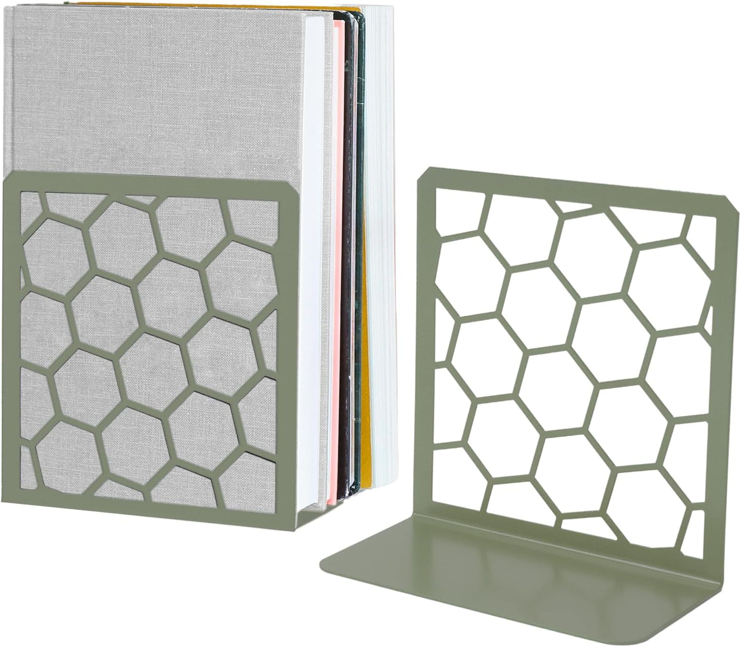 GEOMOD Geometric Honeycomb Sage Metal Bookends Decorative - Tall Sturdy Book Ends for Shelves - Modern Heavy Duty Bookend Stopper - Office or Home Book Shelf Holder - 6x3.25x6.25 Inches-1 Pair