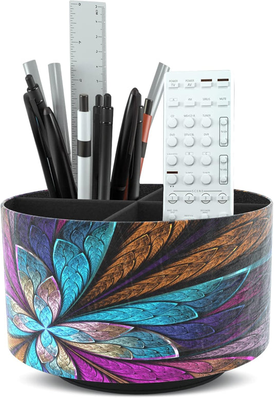 Hennaja Round Leather Art Supply Organizer,Remote Control Holder,360 Degree Rotating,Multi-Functional Pencil Holder,4 Compartments Desktop Stationary Organizer(1-Fractal Flower)