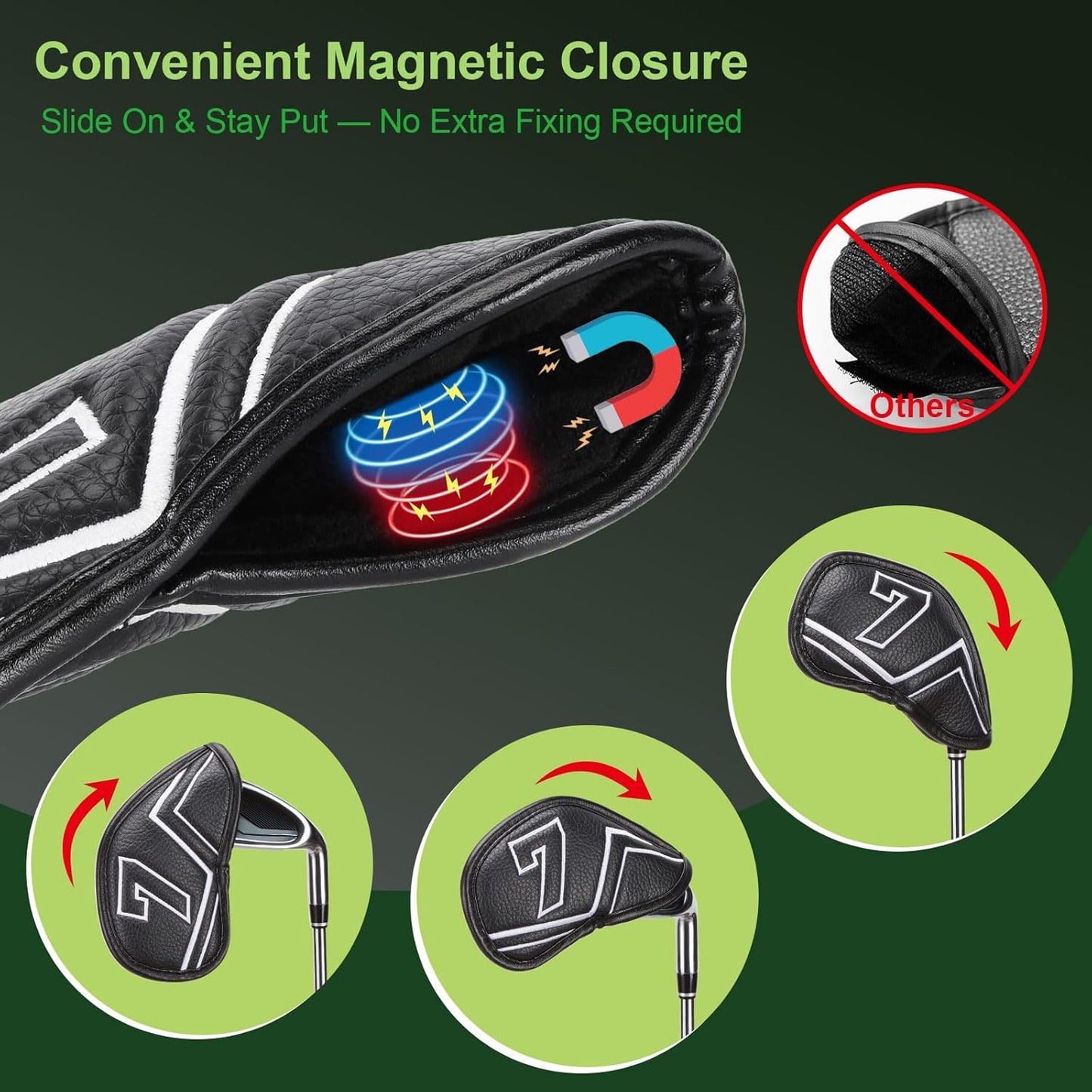 Welspo Magnetic Leather Golf Iron Head Covers 11 Pack Synthetic Leather Club Headcover, Embroidered Club Label on Both Sides of Golf Club Covers for Irons and Wedge, Universal Fit Main Iron Clubs