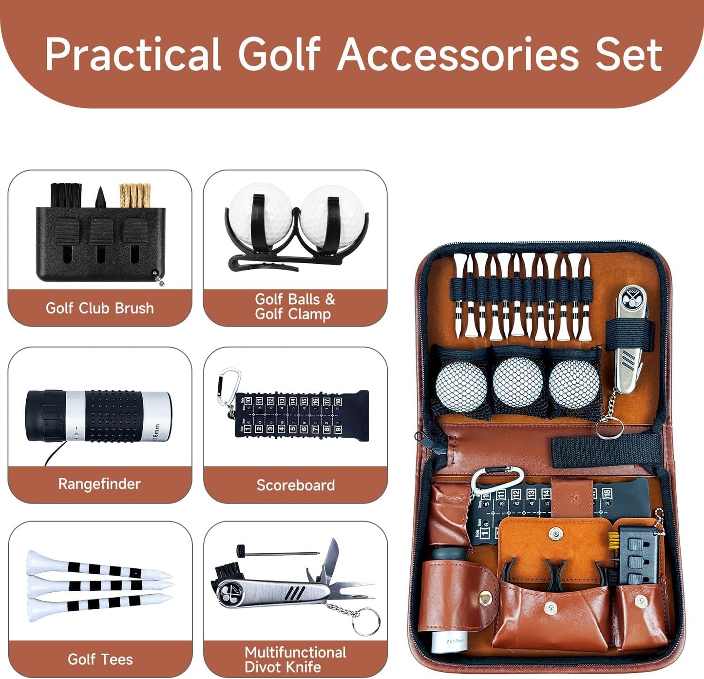 Golf Gift Set - Complete Golfing Accessories for Men & Women, Dad, with 3 Golf Balls, Bag Case, Rangefinder, Tees, Brush, Divot Knife, Scorer & Ball Clamp, Essentials Golf Accessories, Best Golf Gifts