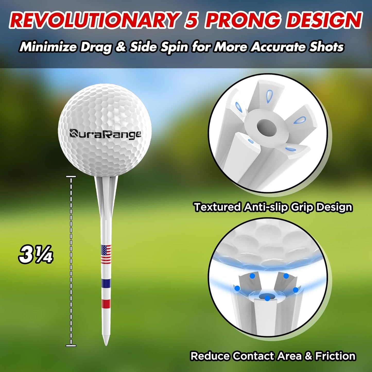 Premium Golf Tees - 5-Prong & 4-Prong Anti-Slip, Enhanced Stability, Unbreakable Golf T 3-1/4" for 360cc Drivers, Ideal Gift for Golfer