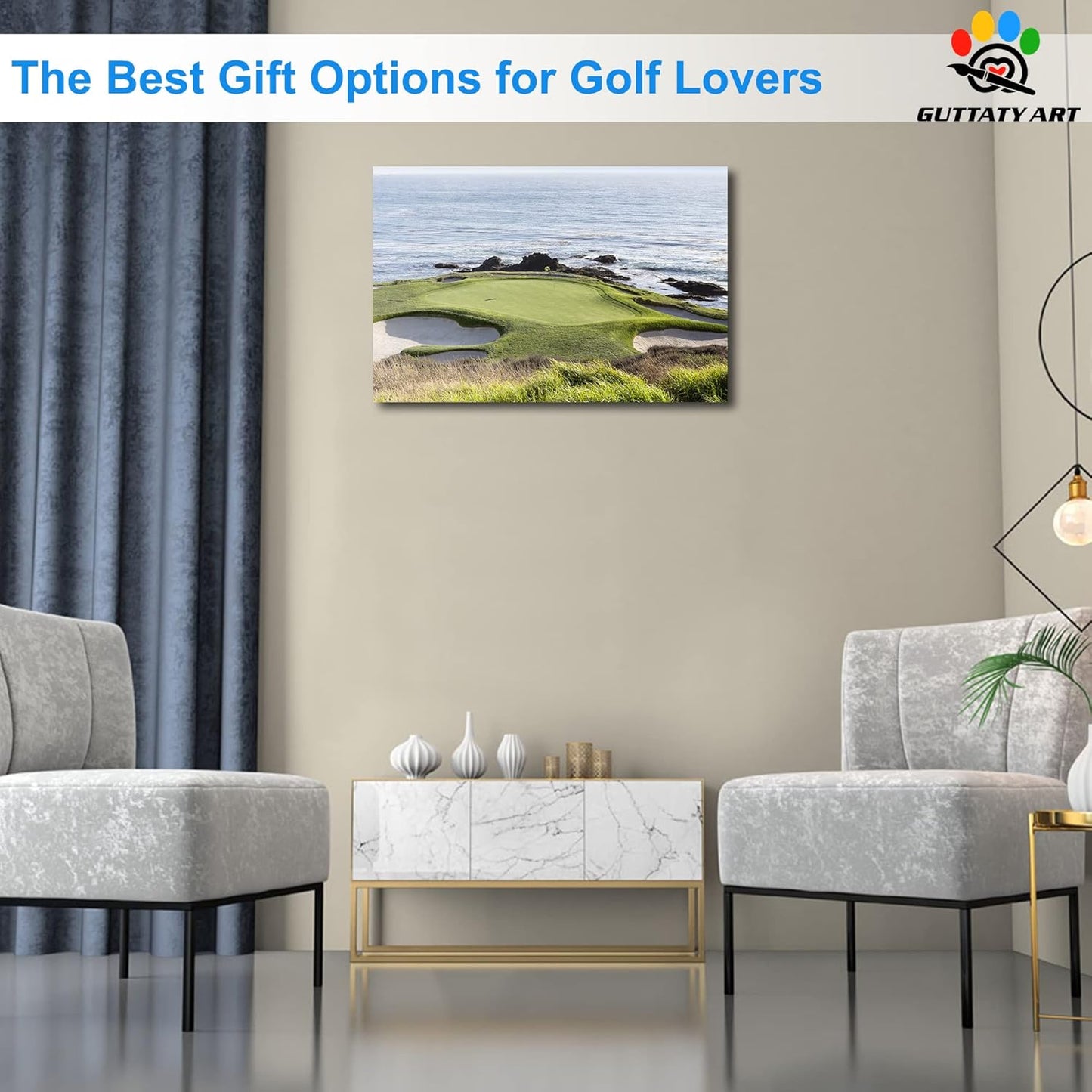 Pebble Beach Golf Course Canvas Wall Art, Modern Pebble Golf Links Picture for Living Room Wall Decor, Golf Poster Prints for Gym Home Decor, Framed Artwork for Office Bathroom Decor 12x18 Inches