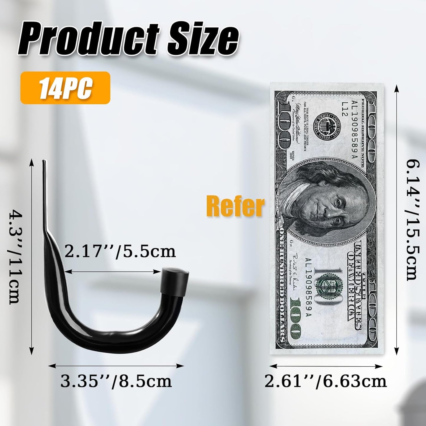 KURUI Large Metal Wall Hooks for Hanging Living Room/Bedroom/Garage, 14Pcs Garage Organization and Storage Heavy Duty Hook for Tool Coat Backpack Bag, 40 LB Black Wall Mount Hanges for Outdoor Indoor