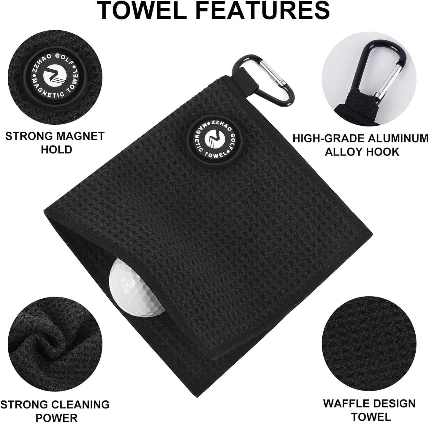 ZZHAO Magnetic Golf Towels,Super Absorbent Microfiber Small Towels with Clip - Industrial Strength Magnet,Lightweight, Scratch-Resistant, 5.5x5.5 In-2Pcs- Black&Gray