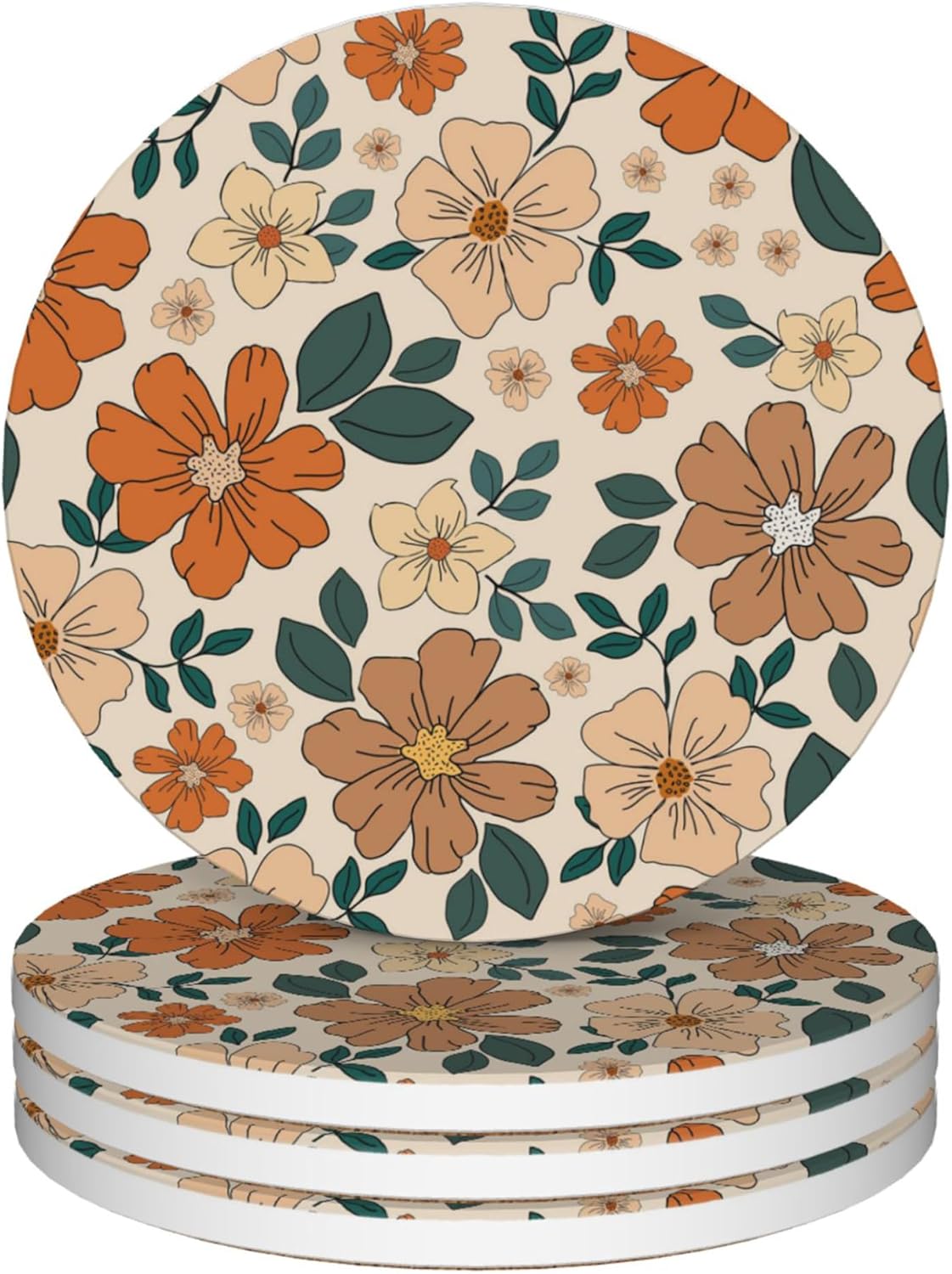 Coasters for Drinks,Set of 4 Absorbent Coasters,70s Retro Floral Flowers Ceramic Coasters with Cork Base,Cup Coaster for Coffee Table Protection,Gifts for Housewarming Birthday
