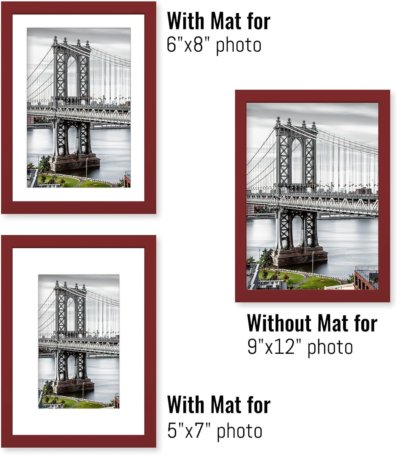 9x12 Solid Wood Picture Frames - 6x8 & 5x7 with or without Mat, Wall Mount or Table Top (Red)