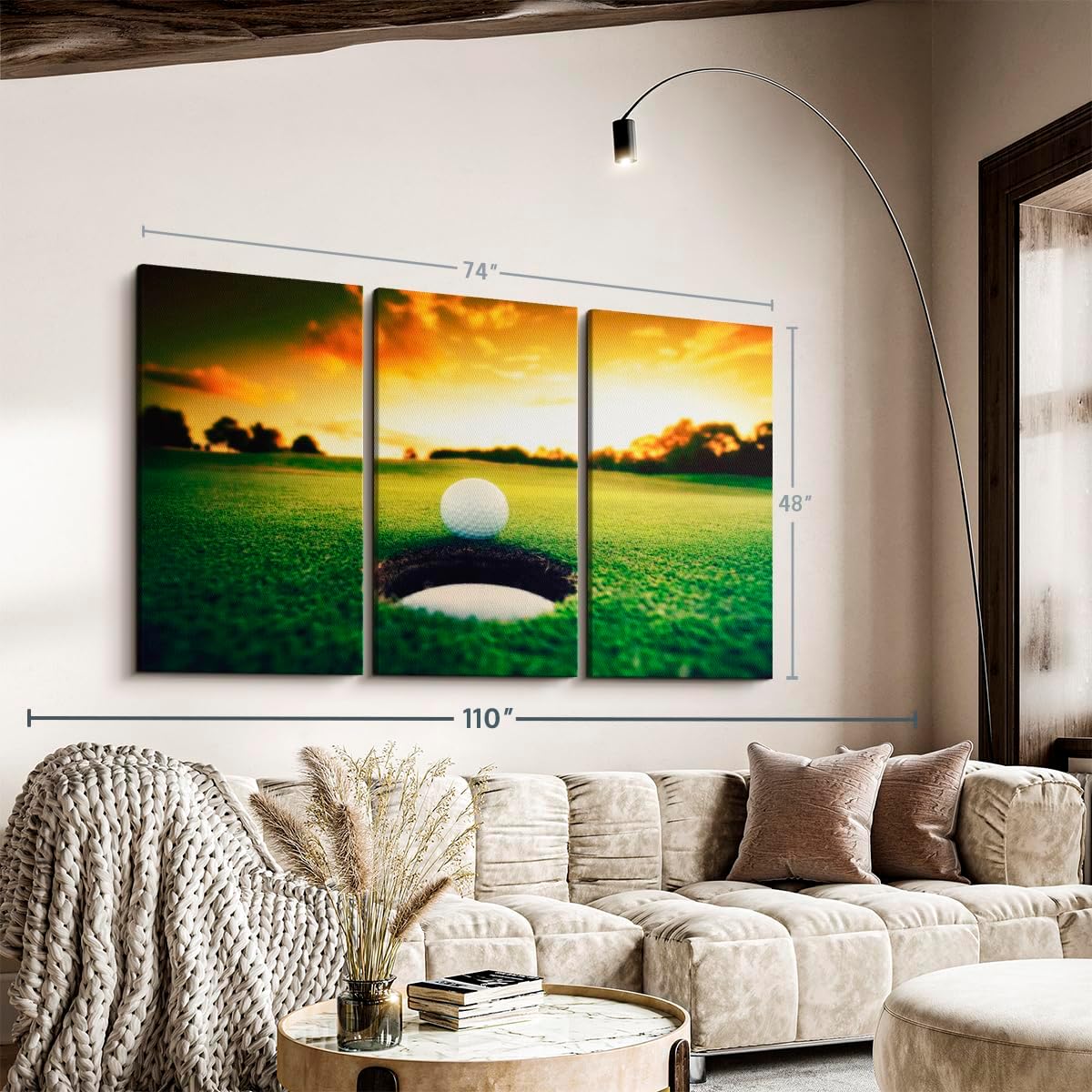 ElephantStock Golf Ball Wall Art - Horizontal Canvas - 3-Piece Living Room Wall Decor - Photography Sports Canvas Print - Orange and Yellow Decor for Wall - 74" X 48"