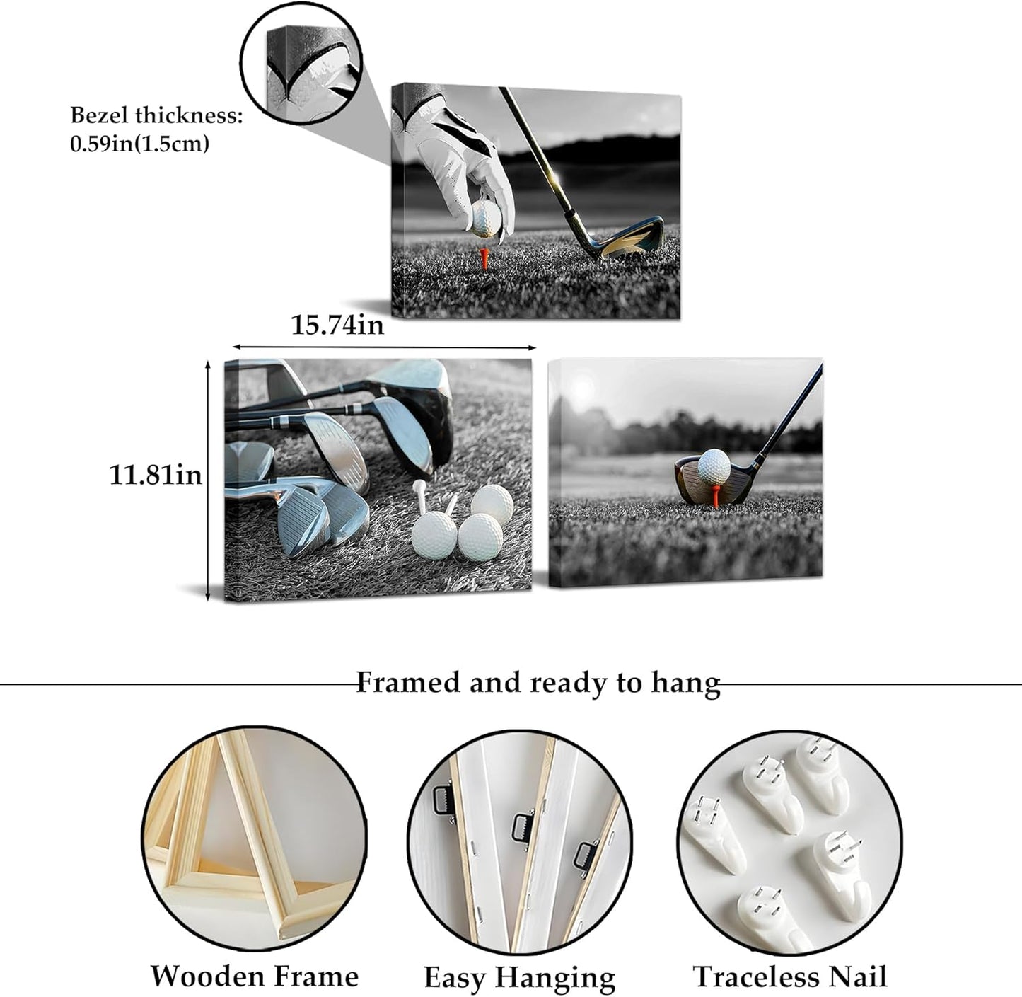 Sepwrol Golf Canvas Wall Art Black White Golf Ball and Golf Club Picture Sport Theme Poster Printing Artwork for Home Living Room Bedroom Office Wall Decor 12"x16"x3