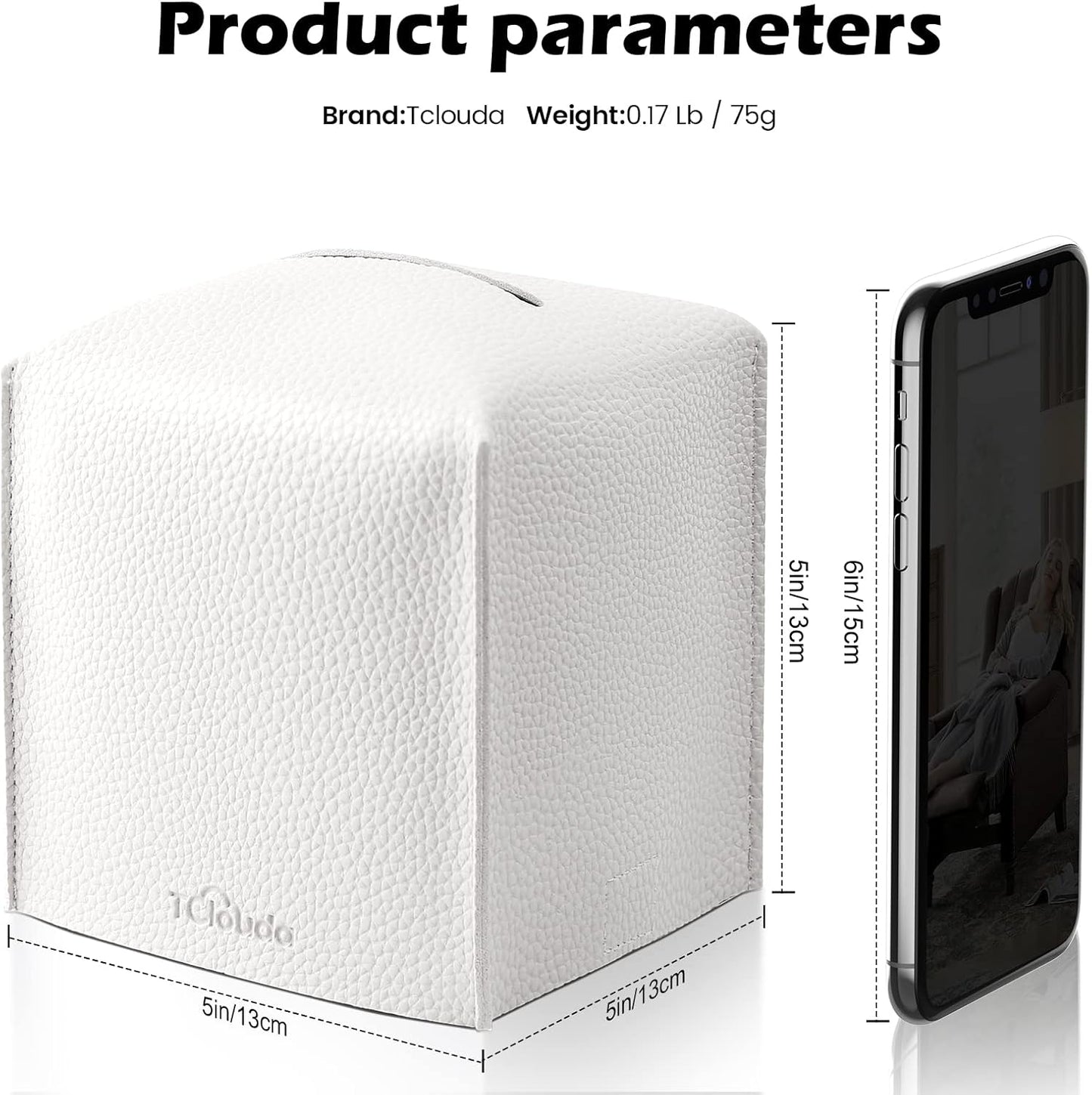 Tissue Box Cover, Tclouda, Modern PU Leather Square Tissue Box Holder for Creative Decorative, Ideal for Bathrooms/Office/Car/Nightstand/Outdoor Tent/Dining Table, 5"X5"X5", Single White