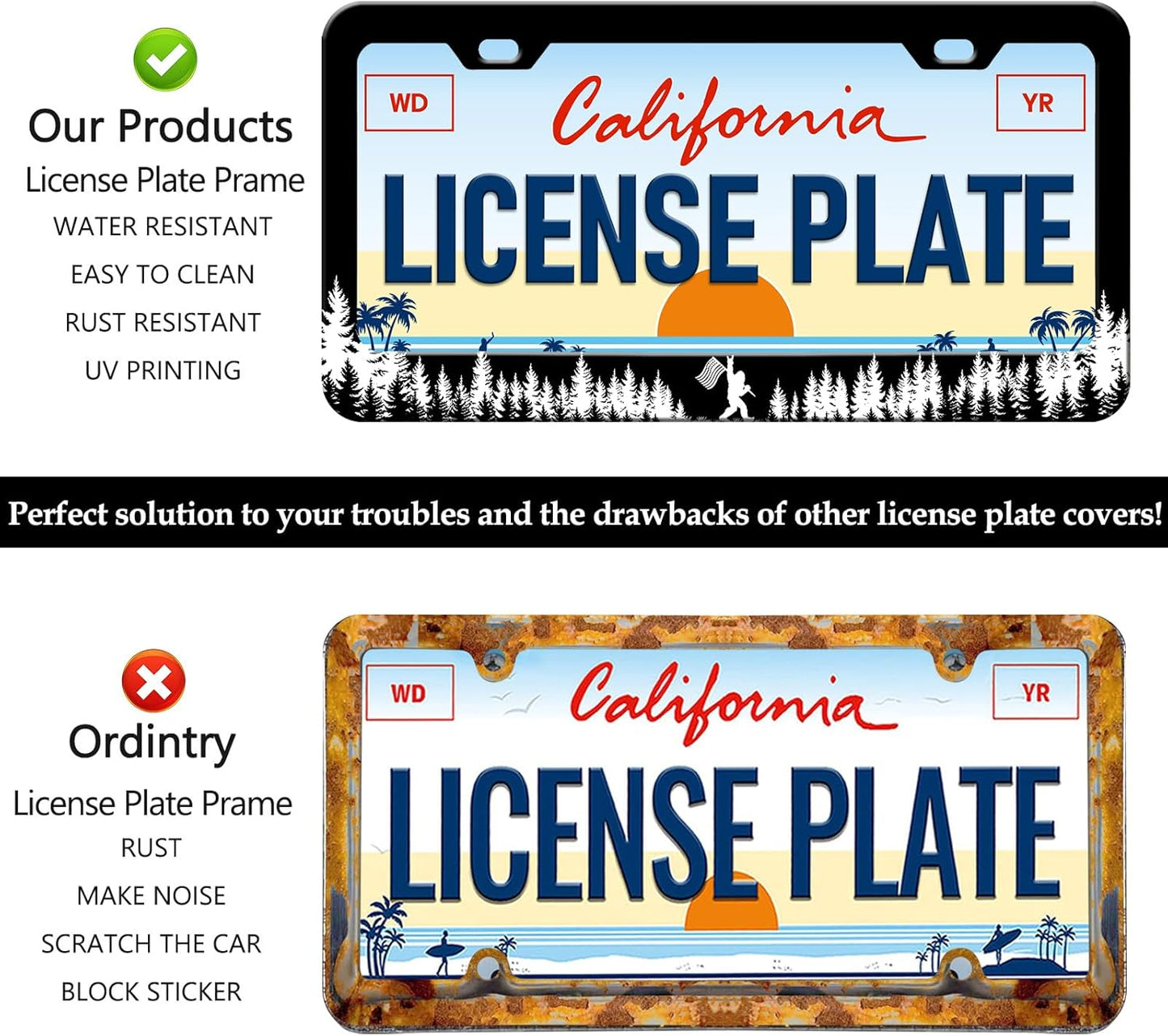 Coniferous Forest Bigfoot License Plate Frames - 2 Pack Front Rear Rock Black Cool License Plates Holder Covers, Aluminum Metal Rust-Proof Waterproof Car Tag Frame with Screws Fasteners Caps
