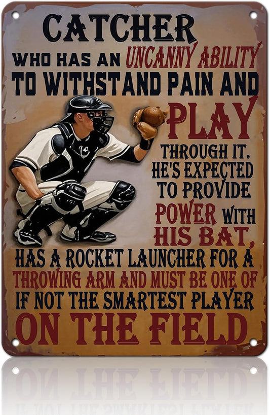 Baseball Catcher Metal Tin Sign Baseball Catcher Funny Sign Home Kitchen Wall Decor 12x16 Inch Funny Plaque