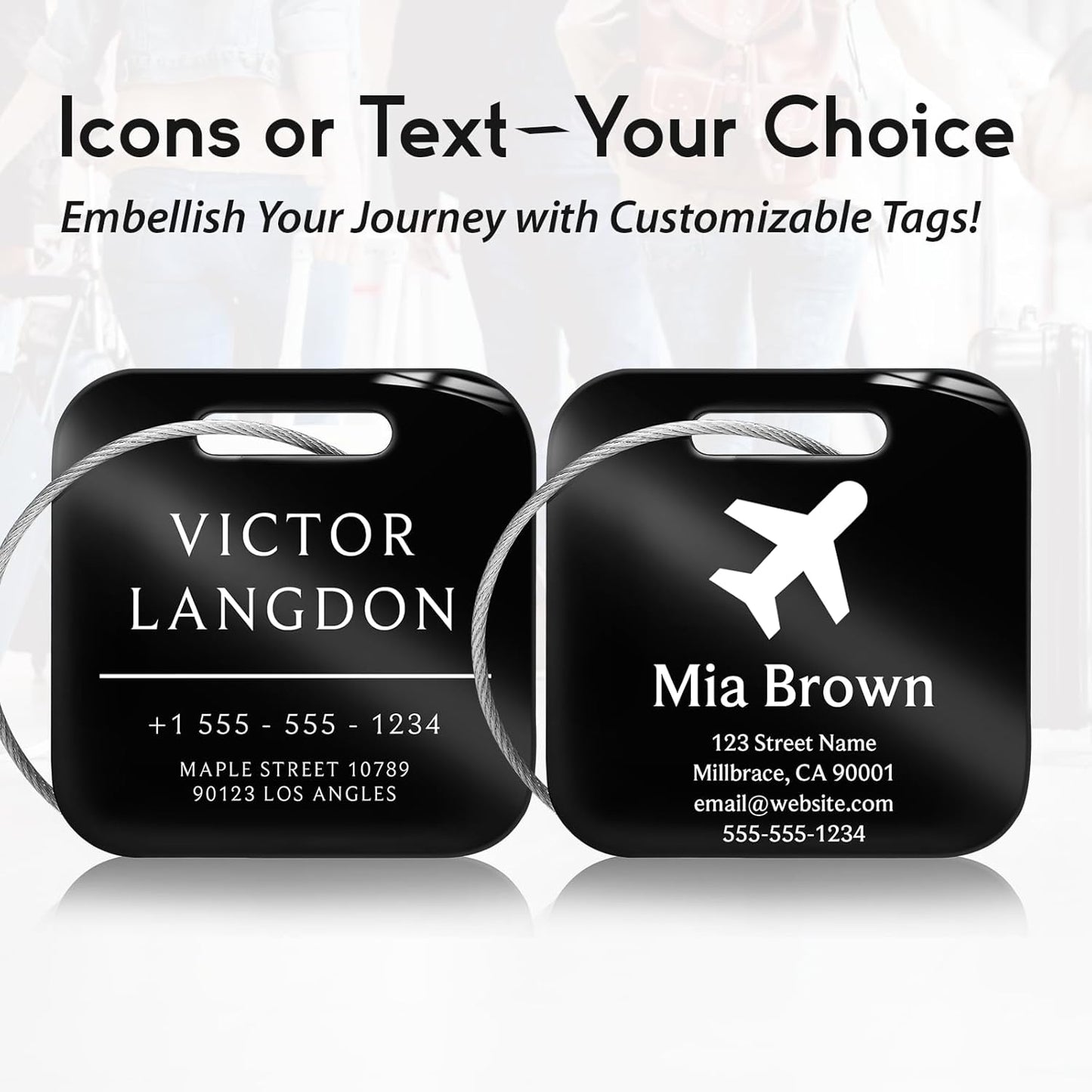 Customized Stainless Steel Luggage Tags: Personalize Your Suitcases, Backpacks, and Bags with Your Text (Black)