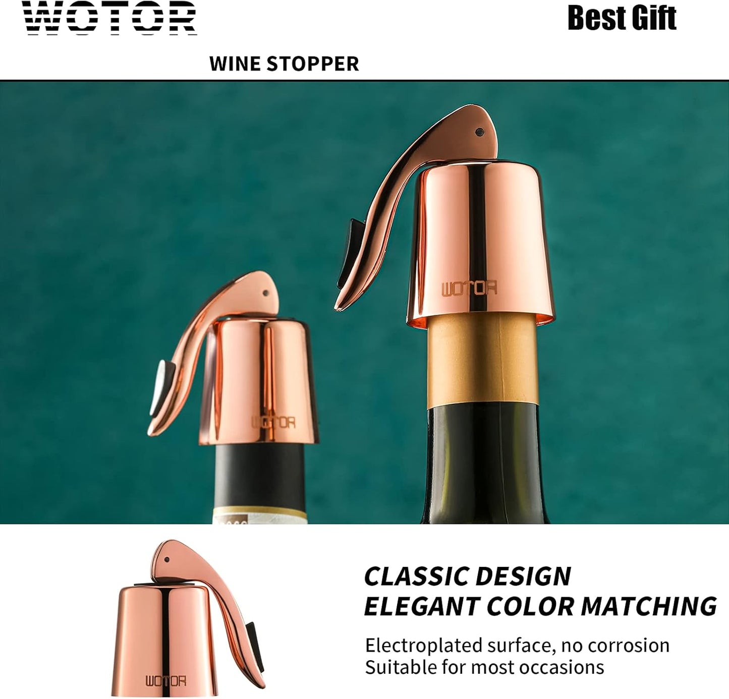 WOTOR Stainless Steel Wine Bottle Stoppers with Silicone - Reusable Wine Saver and Decorative Bottle Sealer, Leakproof, Keep Fresh, Rosegold, 2 Pack