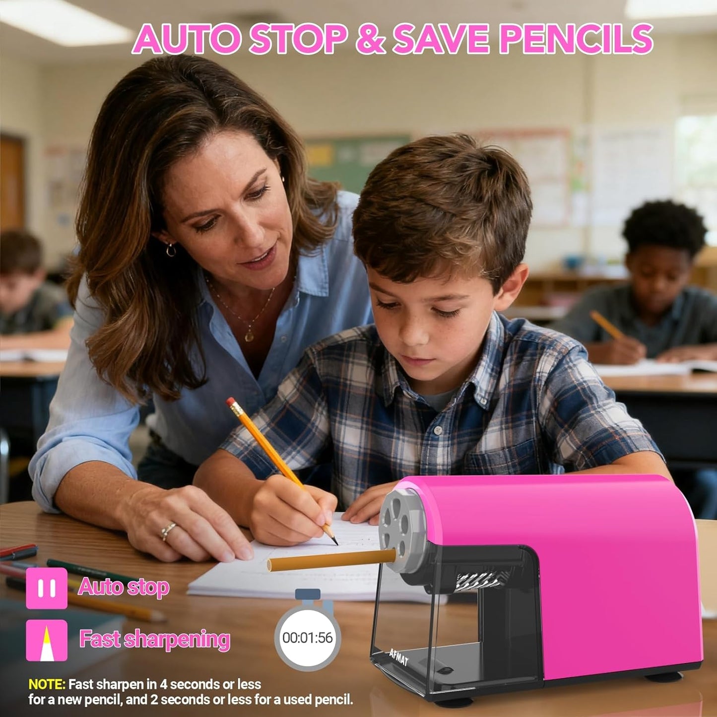 AFMAT PSD2 Electric Pencil Sharpener Heavy Duty, 6 Holes, Cordless & Rechargeable, Fast Sharpen, Auto Stop, 10K+ Uses, Classroom Pencil Sharpener for 6-11mm No.2/Large/Colored Pencils, Pink