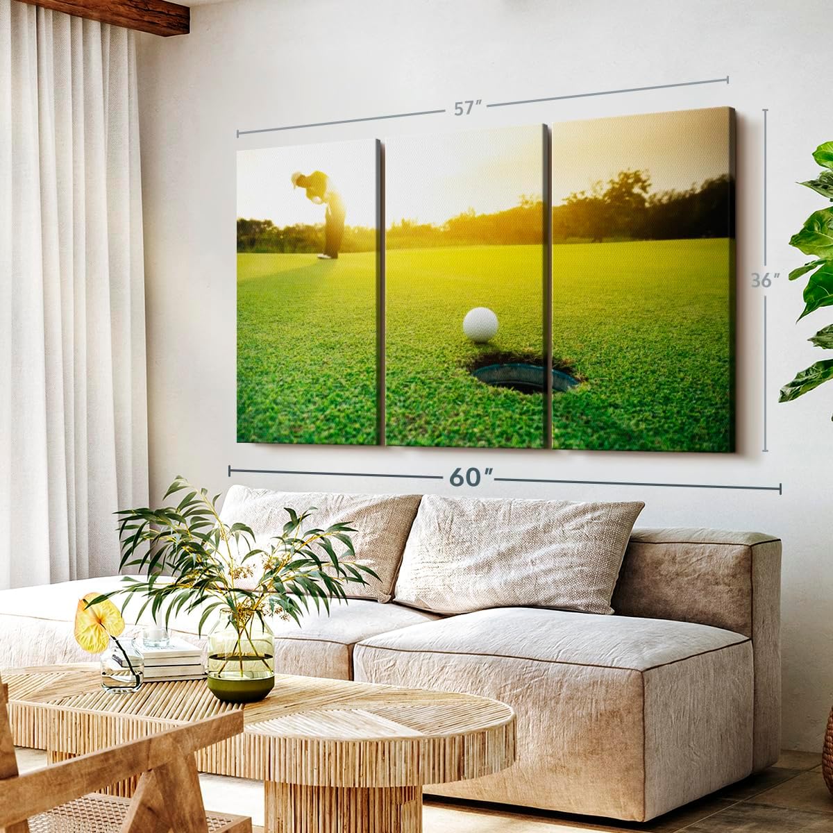 ElephantStock Golf Ball Strike Wall Art - Horizontal Canvas - 3-Piece Living Room Wall Decor - Photography Sports Canvas Print - Green and White Decor for Wall - 57" X 36"