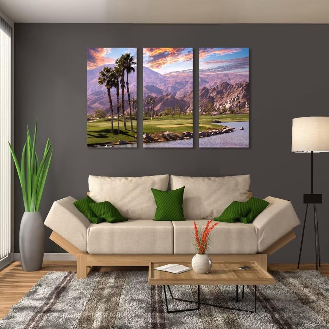 chenchenArt Golf Course at Sunset in Palm Wall Art Pictures Golf Course Wall Decor for Living Room Bedroom Home Decorations Canvas Prints Modern Artwork Framed Ready to Hang(12''W x 24''H x3)