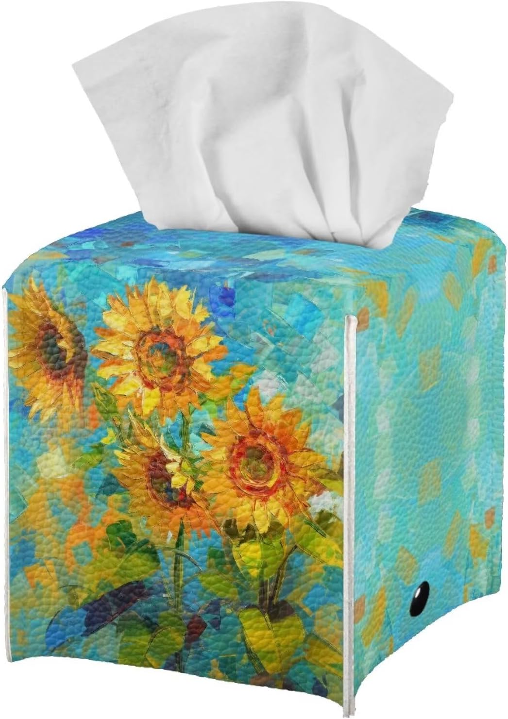 Sunflower Tissue Box Cover Funny Square Leather Tissue Cover 5x5x5 inch Oil Paited Style Home Decorative Facial Paper Box Holder for Desk Bathroom Vanity Countertop