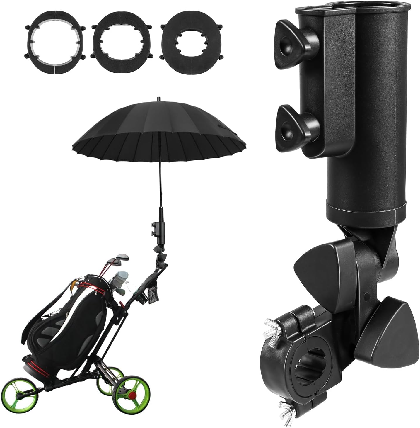 Golf Push Cart Umbrella Holder - Heavy-Duty Umbrella Stand with Double Knob, 180 Degrees Adjustable, Universal Strong Windproof Umbrella Holder for Mobility Scooter/Stroller/Wheelchair/Beach Chair