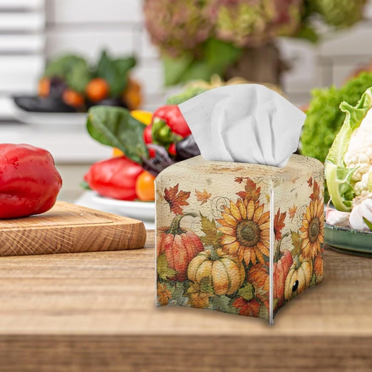 Thanksgiving Tissue Box Cover Cube Leather Tissue Box Holder Sunflower & Pumpkin Facial Paper Organizer 5x5x5 inch Mordern Home Decor for Bedroom Living Room